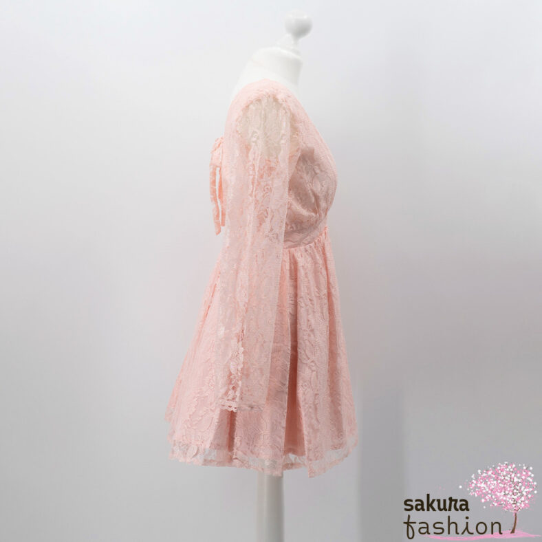 Liz Lisa Kleid Spitzenklein Rosa Rückenausschnitt Schleifenband Schleife Langarm Kurz Japan Kawaii