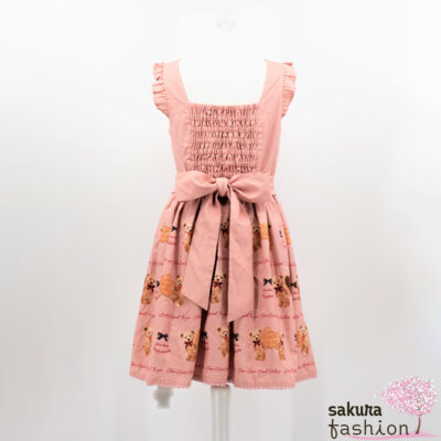 Ank Rouge Jumper Skirt Kleid Rosa Motivdruck Teddybären Kekse Biskuit Schnürdetail Braun Schleife Rüschen Japan Kawaii