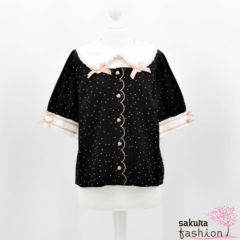 Liz Lisa Bluse Weiß Schwarz Rosa Punkte Schleife Muschelkragen