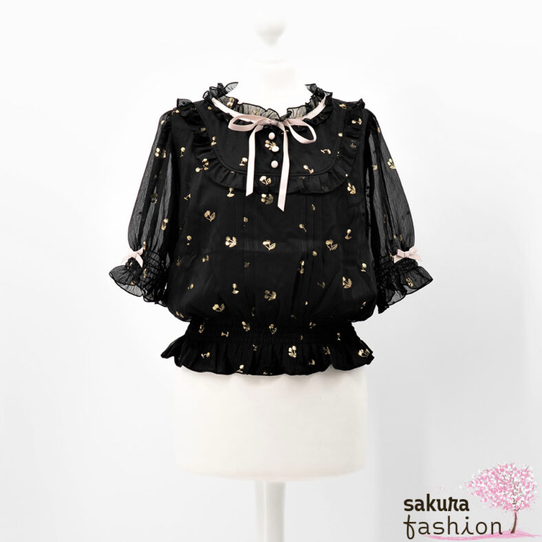 Liz Lisa Bluse Schwarz Kirschaufdruck Gold Schleife Rosa Zierknöpfe Rüschen Japan Kawaii