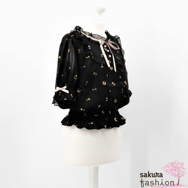 Liz Lisa Bluse Schwarz Kirschaufdruck Gold Schleife Rosa Zierknöpfe Rüschen Japan Kawaii