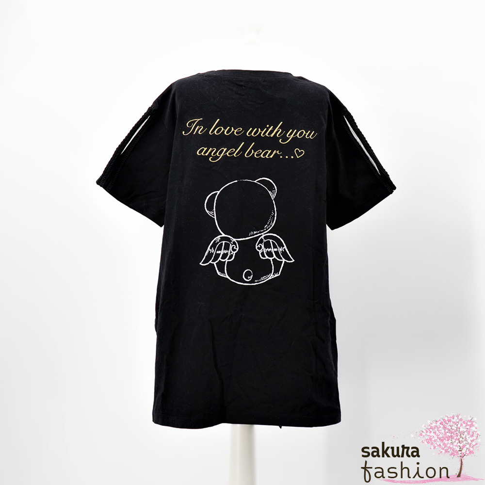 Liz Lisa T-Shirt Shirtkleid Schwarz Motiv Weiß Bär Engel Schleife Stickerei Gold Spitzendetails Japan Kawaii