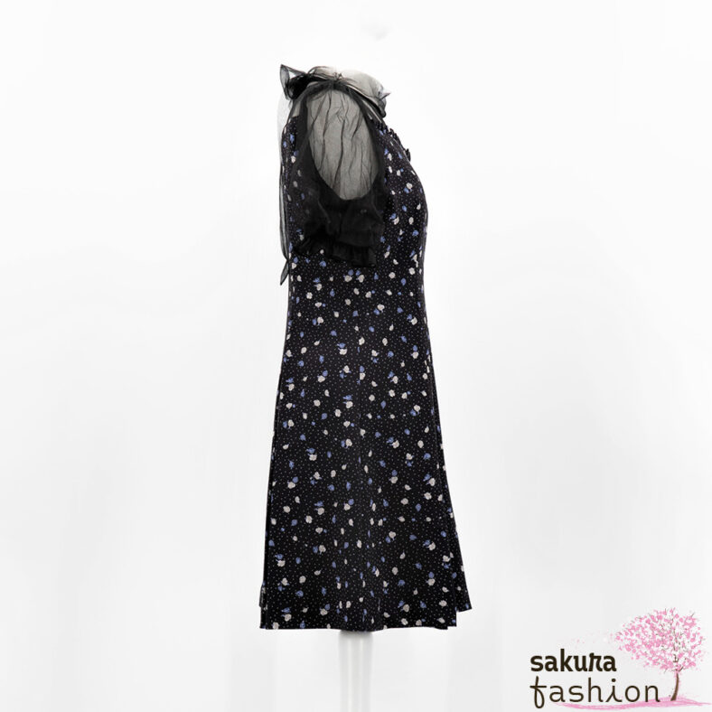 EATME black mini rose print dress white-blue rose pattern dots transparent tulle bow ruffles Japan Kawaii