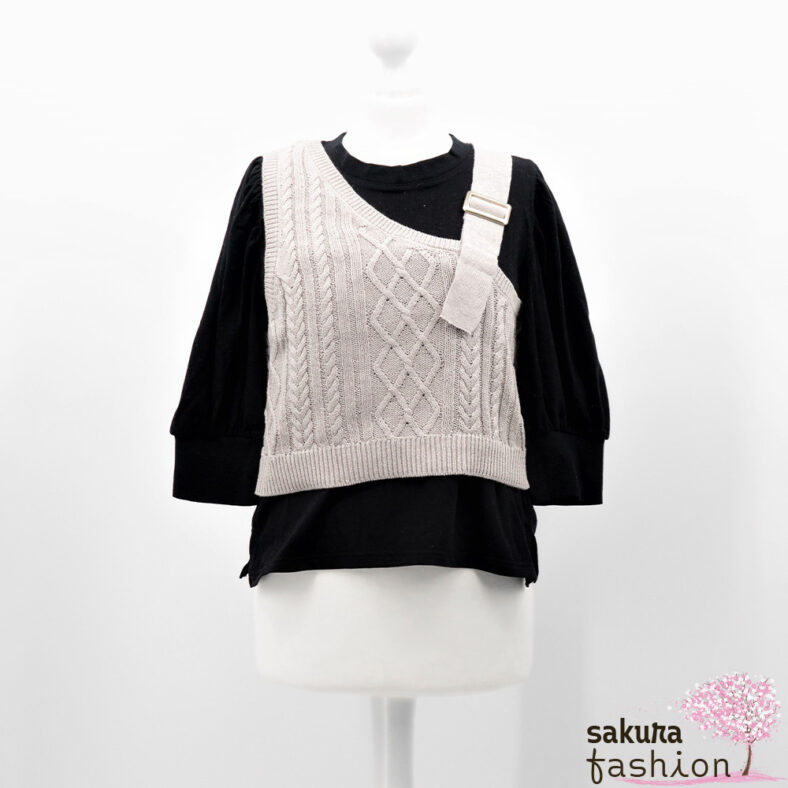 Axes Femme Poetique Pullover Schwarz Strickweste Grau Schnallendetail Gold Japan Kawaii Feminin