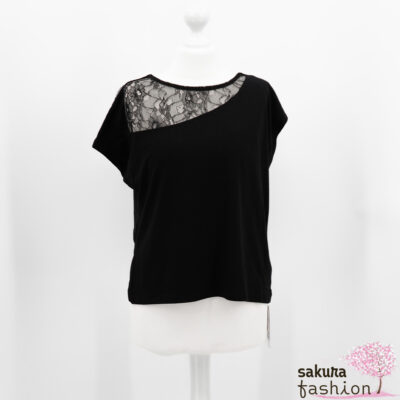 Resexxy Shirt Spitzenshirt Schwarz Floral Ausgeschnitten Schulterfrei Basic Schwarz Asymmetrisch Verspielt Japan Kawaii Feminin Gyaru