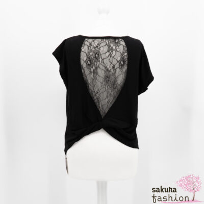 Resexxy Shirt Spitzenshirt Schwarz Floral Ausgeschnitten Schulterfrei Basic Schwarz Asymmetrisch Verspielt Japan Kawaii Feminin Gyaru