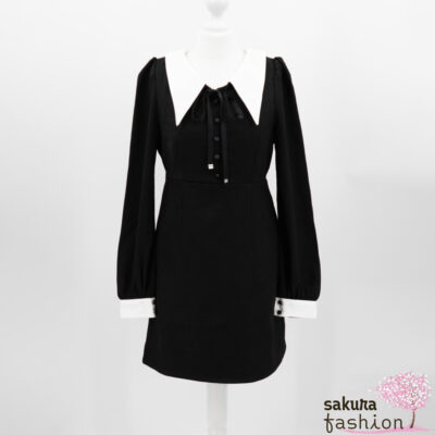 EATME Kleid Schwarz Weiß Kragen Manschetten Schleife Band Rosenknöpfe Kurz Mini Japan Feminin Kawaii