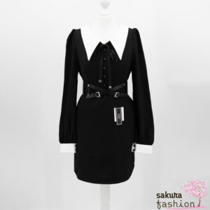 EATME Kleid Schwarz Weiß Kragen Manschetten Schleife Band Rosenknöpfe Kurz Mini Japan Feminin Kawaii