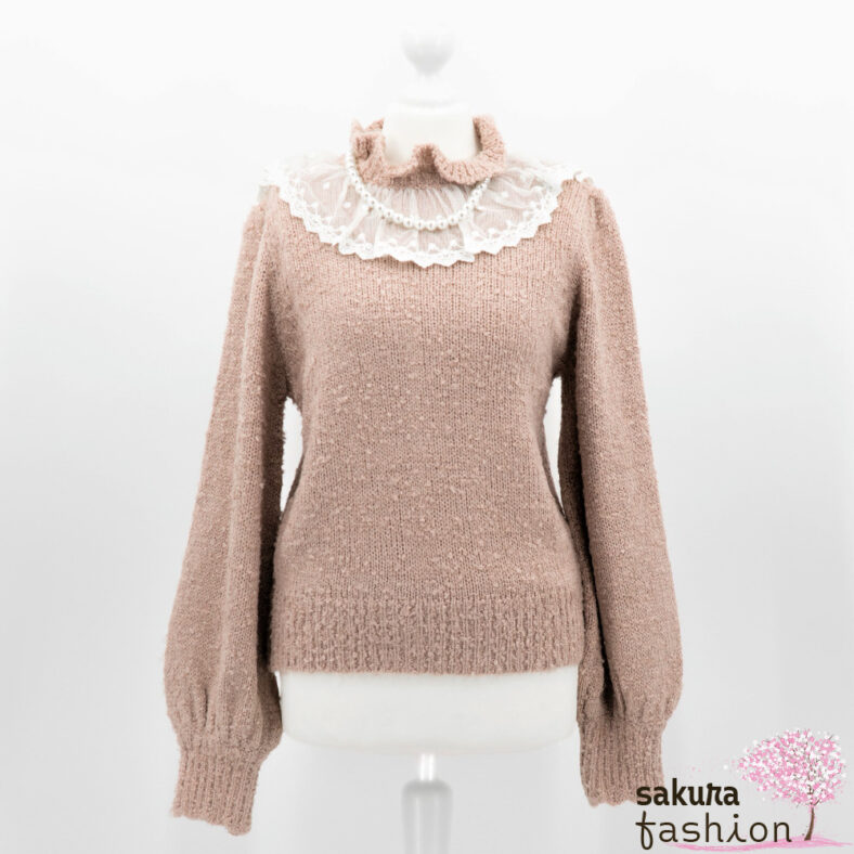 Liz Lisa Strickpullover Rosa Wollpullover Spitze Weiß Perlenkette Rüsche Schleife Langarm Japan Kawaii Back Ribbon Pearl Color Knit Pink