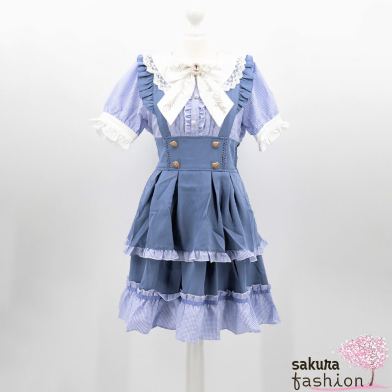 Liz Lisa Kleid Blau Kariert Gingham Karomuster Schleife Rüsche Spitze Weiß Zierknöpfe Perlen Herzknöpfe Bestickt Gold Hosenträger Schultergurt Stufendesign Mehrlagig Schürztendesign Einheitsgröße Shirring Dehnbar Japan Kawaii Gyaru Girly