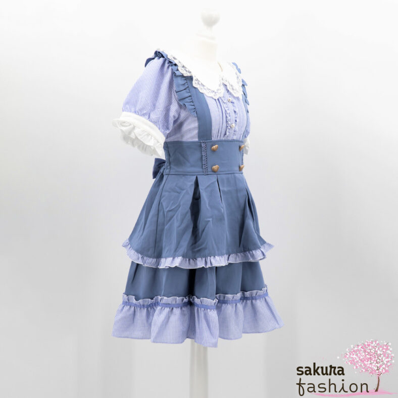 Liz Lisa Kleid Blau Kariert Gingham Karomuster Schleife Rüsche Spitze Weiß Zierknöpfe Perlen Herzknöpfe Bestickt Gold Hosenträger Schultergurt Stufendesign Mehrlagig Schürztendesign Einheitsgröße Shirring Dehnbar Japan Kawaii Gyaru Girly