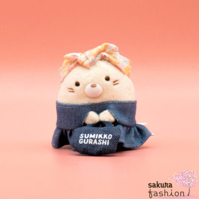 San-X Sumikko Gurashi Stofftier Katze Neko Jeanskleid Plüschtier Gelb beige Blau Stirnband Blumen Tasche