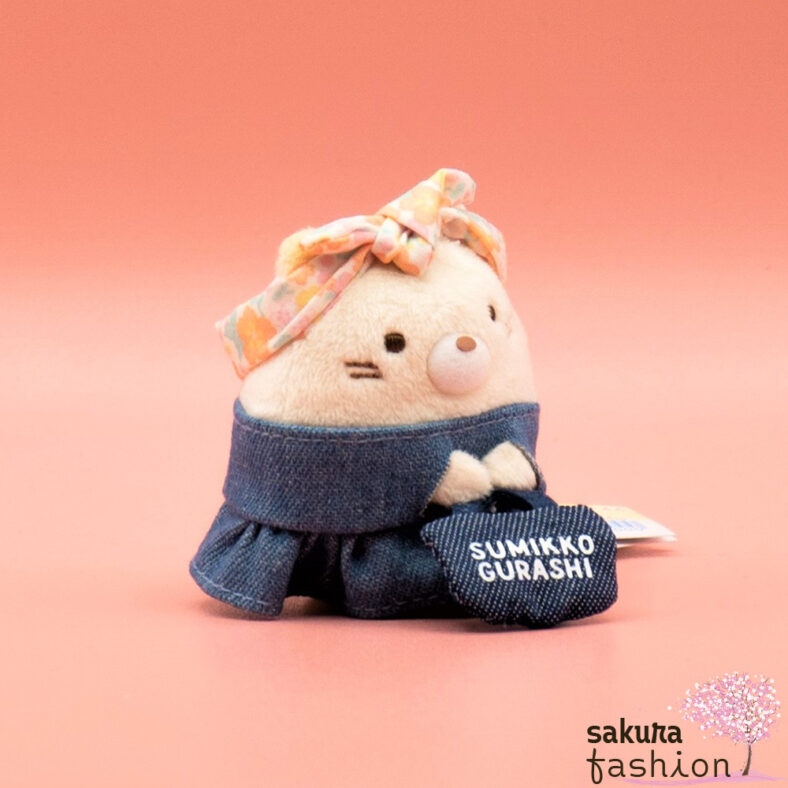 San-X Sumikko Gurashi Stofftier Katze Neko Jeanskleid Plüschtier Gelb beige Blau Stirnband Blumen Tasche