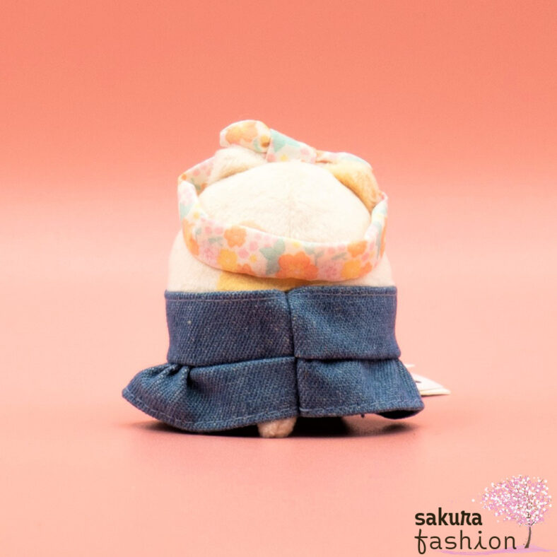 San-X Sumikko Gurashi Stofftier Katze Neko Jeanskleid Plüschtier Gelb beige Blau Stirnband Blumen Tasche