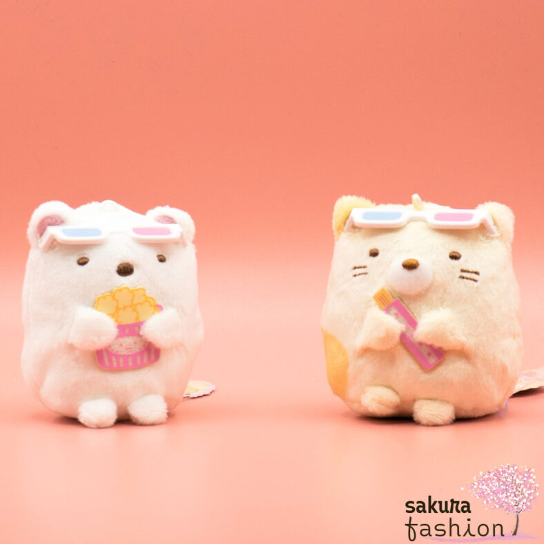 San-X Sumikko Gurashi Anhänger Stofftieranhänger Katze Neko Eisbär Shirokuma Kino Popcorn Pocky 3D Brille Weiß beige Gelb Rosa Blau Gold Plüschtieranhänger