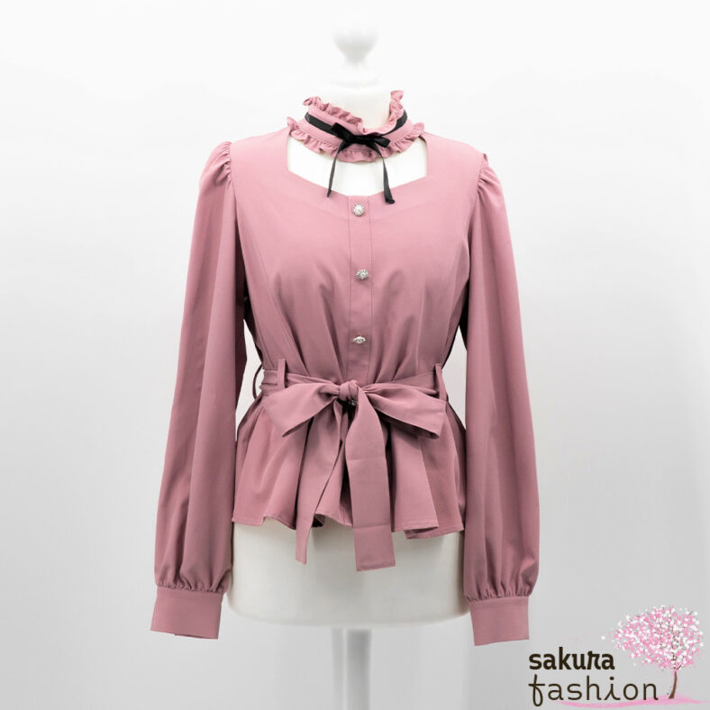 Ank Rouge Bluse Rosa Schößchenbluse Taillengürtel Gürtel Schleifenband Langarm Choker Halsband Rüsche Schleife Schwarz Japan Kawaii Feminin