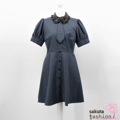 Ank Rouge Kleid Blau Kragen Kunstleder Schwarz Krawatte Brusttasche Stickerei Puffärmel Japan Feminin Kawaii