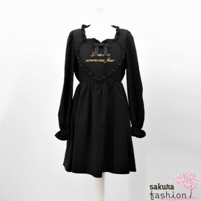 Ank Rouge Kleid Schwarz Stickerei Gold Schleife Schwarz Herz Rüsche Japan Kawaii