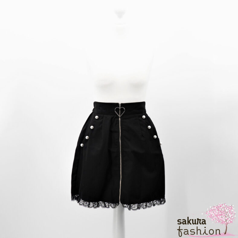 Ank Rouge Rock Schwarz Spitzensaum Spitze Seitentaschen Perlen Weiß Reißverschlussdetail Herzanhänger Silber Tailliert Trapezrock Japan Kawaii Feminin