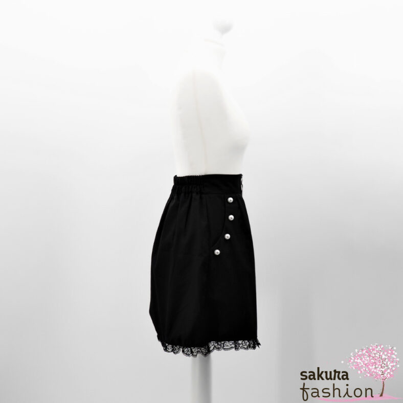 Ank Rouge Rock Schwarz Spitzensaum Spitze Seitentaschen Perlen Weiß Reißverschlussdetail Herzanhänger Silber Tailliert Trapezrock Japan Kawaii Feminin