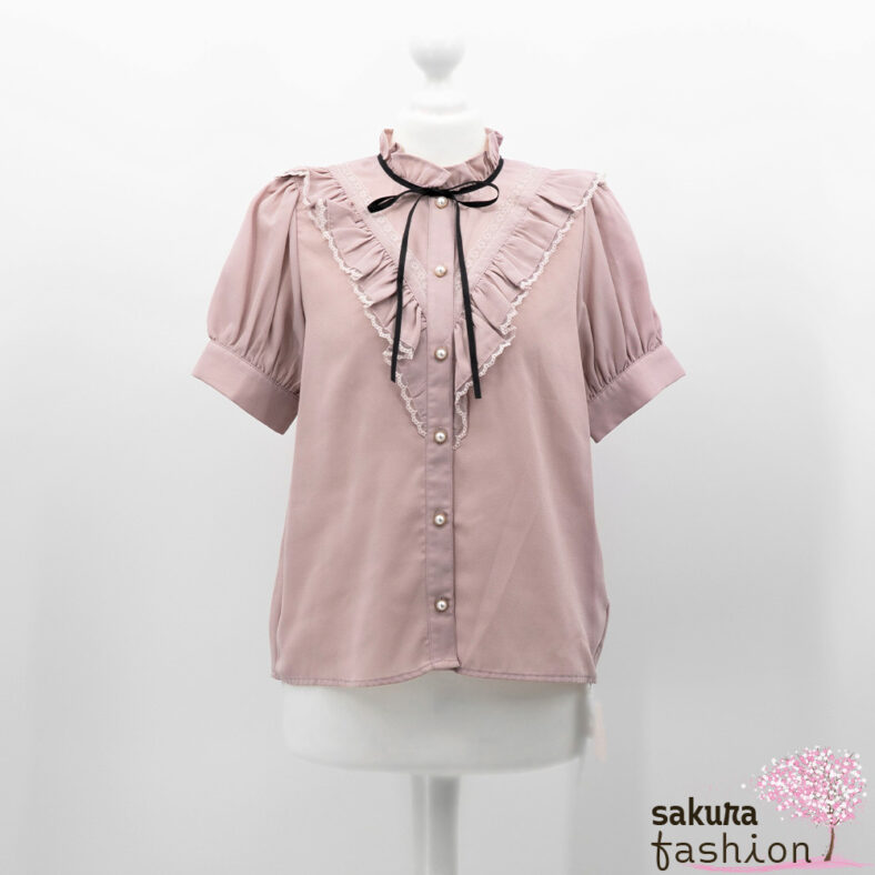 Ank Rouge Bluse Kurzarm Puffärmel V-linie Rüschen Spitze Perlmuttknöpfe Schleifenband Schleife Kragen Rüschenkragen Rosa Weiß Schwarz Japan Kawaii Feminin