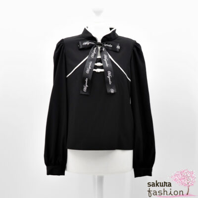 Ank Rouge Chinesische Bluse Cheongsam-Stil Langarm Schwarz Weiß Schleife Schriftzug Japan Kawaii Feminin