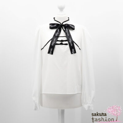 Ank Rouge Chinesische Bluse Cheongsam-Stil Langarm Weiß Schwarz Schleife Schriftzug Japan Kawaii Feminin