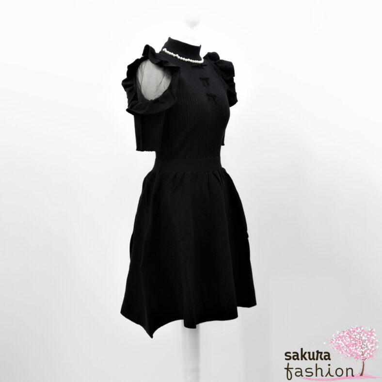 Ank Rouge Strickkleid Schwarz Schulterfrei Stehkragen Tüll Rüsche Schleife Perlen Weiß Japan Feminin Kawaii