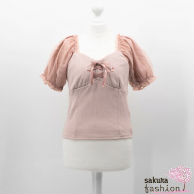 Ank Rouge Bluse Shirt Blusenshirt Rosa Puffärmel Transparent Schnürdetail Schleife Dekolleté Japan Kawaii