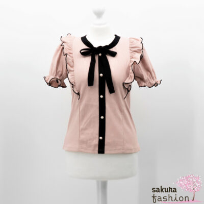 Ank Rouge Blusenshirt Bluse Shirt Rosa Schwarz Kurzarm Schleife Rüsche Basic Japan Kawaii