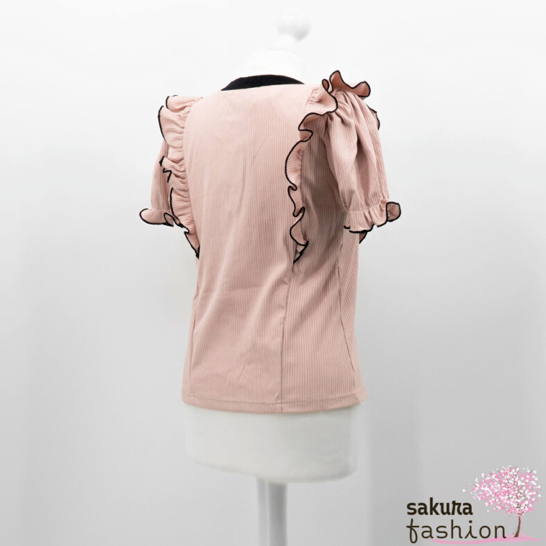 Ank Rouge Blusenshirt Bluse Shirt Rosa Schwarz Kurzarm Schleife Rüsche Basic Japan Kawaii