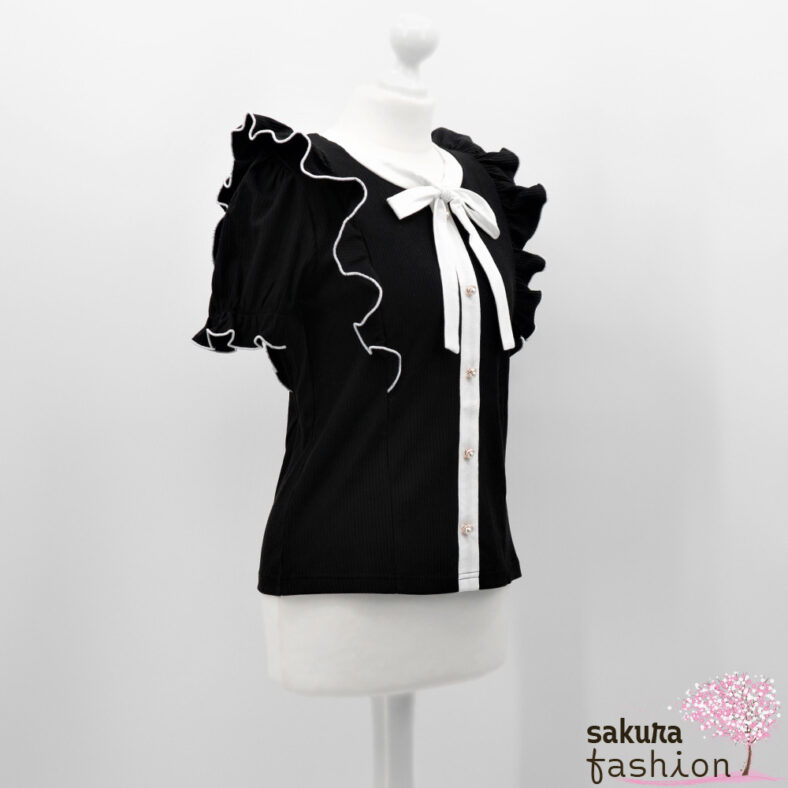 Ank Rouge Blusenshirt Bluse Shirt Schwarz Weiß Kurzarm Schleife Rüsche Basic Japan Kawaii