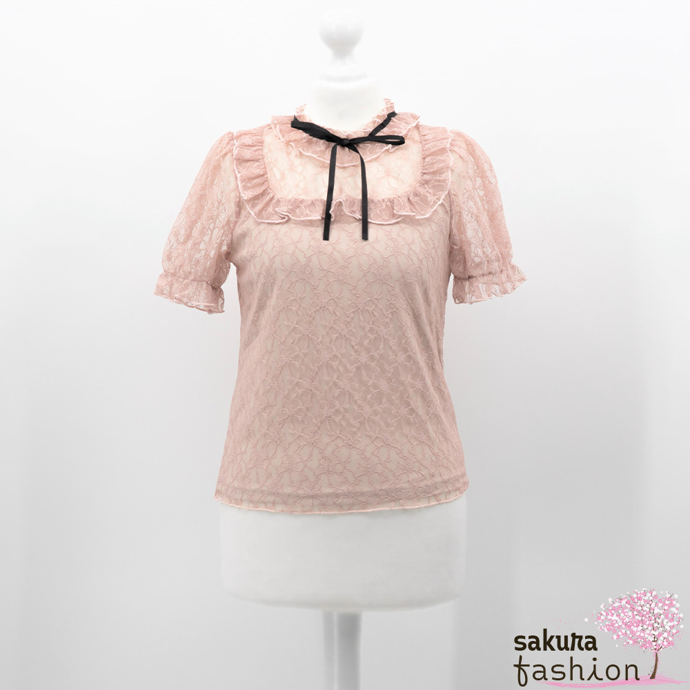 Ank Rouge Blusenshirt Shirt Bluse Spitze Rosa Rüsche Schleife Schwarz Floral Blumenspitze Japan Kawaii