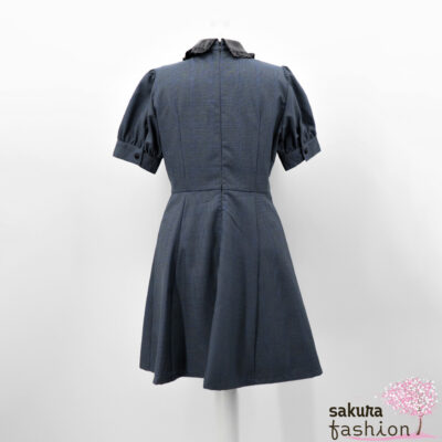 Ank Rouge Kleid Blau Kragen Kunstleder Schwarz Krawatte Brusttasche Stickerei Puffärmel Japan Feminin Kawaii