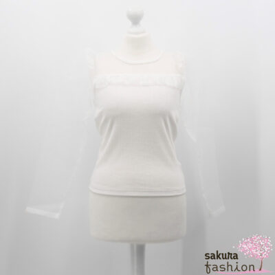 Ank Rouge Blusenshirt Bluse Shirt Langarm Organza Organzastoff Transparent Glänzend Weiß Rüschen Basic Japan Kawaii Feminin