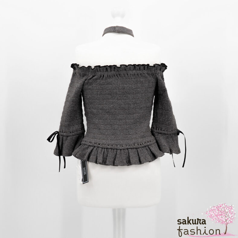 EATME Geripptes Harness-Shirt Schulterfrei Grau Halsband Choker Rüschen Schleife Japan Kawaii Feminin Sexy neck harness shirring rib top