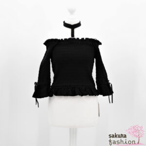 EATME Geripptes Harness-Shirt Schulterfrei Schwarz Halsband Choker Rüschen Schleife Japan Kawaii Feminin Sexy neck harness shirring rib top