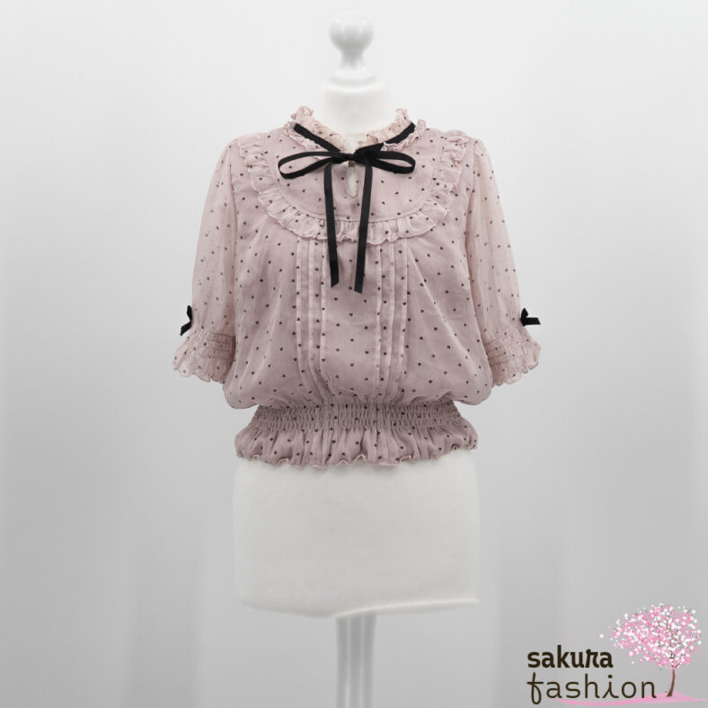 Liz Lisa Bluse Einheitsgröße Rosa Herzen Schwarz Schleife Rüschen Kurzarm Japan Kawaii 101-007-0 heart flocky blouse