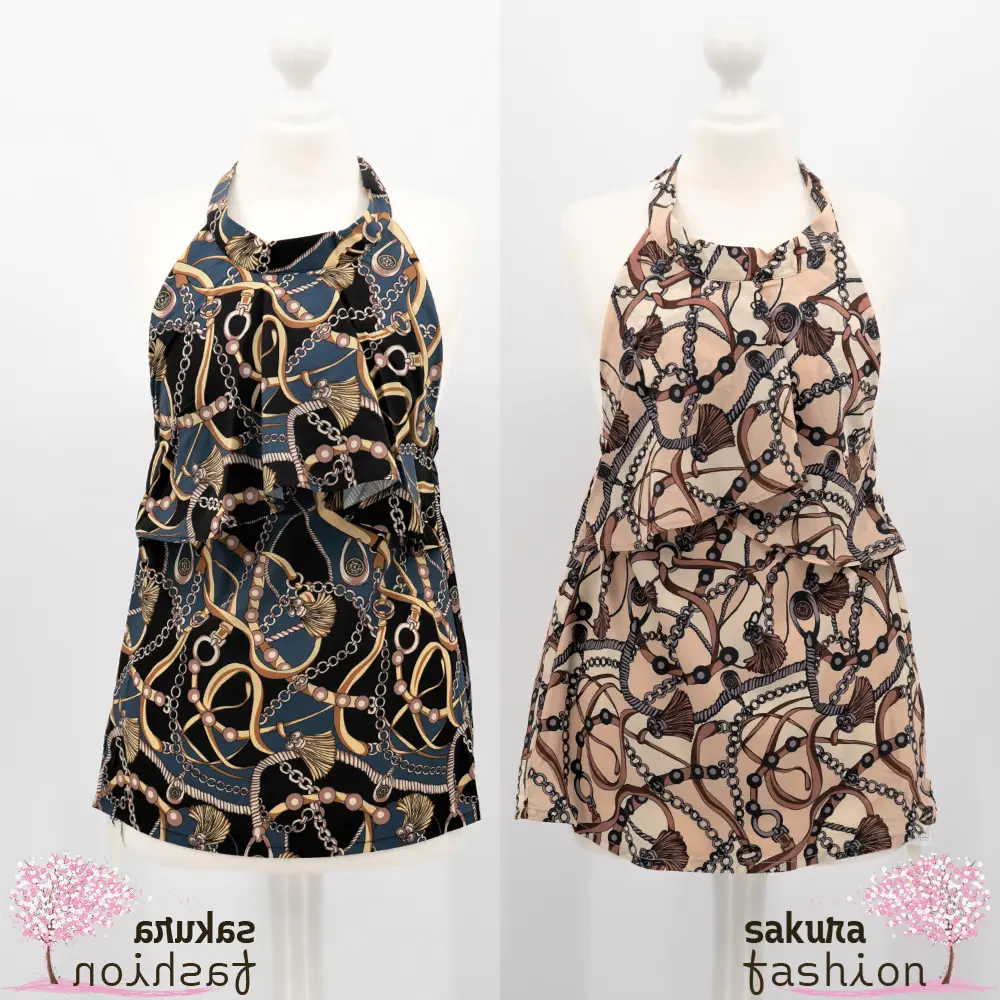 RESEXXY | Neckholder fashion® | Bluse sakura Muster mit - (schwarz/beige) 1522404647