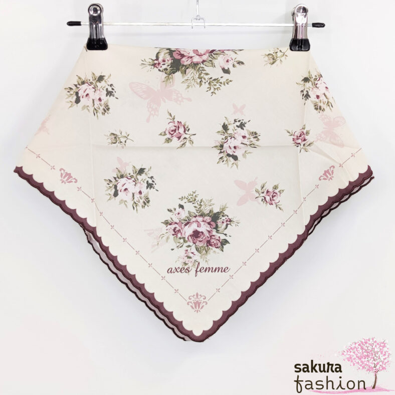 Axes Femme Tuch Accessoire Beige Floral Blumenmuster Rose Schmetterling Bestickt Bogensaum Handtaschentuch Halstuch Taschentuch, Einstecktuch Handtuch Japan Kawaii Feminin TS639X22 scalar embroidery handkerchieft ecru