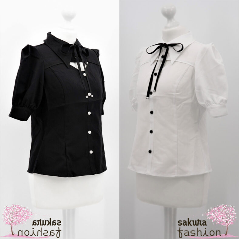 EATME Dekolleté-Bluse Weiß Schwarz Schleifenband Kurzarm Japan Kawaii Feminin Sexy decollete open ribbon blouse