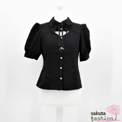 EATME Dekolleté-Bluse Schwarz Schleifenband Kurzarm Japan Kawaii Feminin Sexy decollete open ribbon blouse