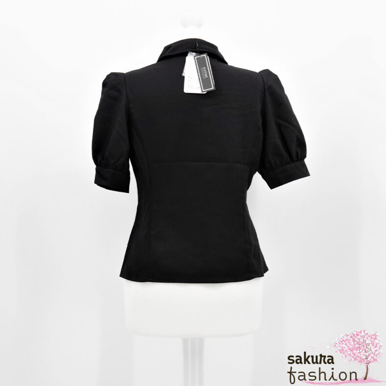 EATME Dekolleté-Bluse Schwarz Schleifenband Kurzarm Japan Kawaii Feminin Sexy decollete open ribbon blouse