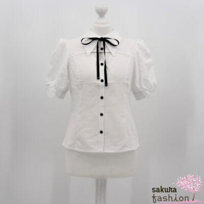 EATME Dekolleté-Bluse Weiß Schleifenband Kurzarm Japan Kawaii Feminin Sexy decollete open ribbon blouse