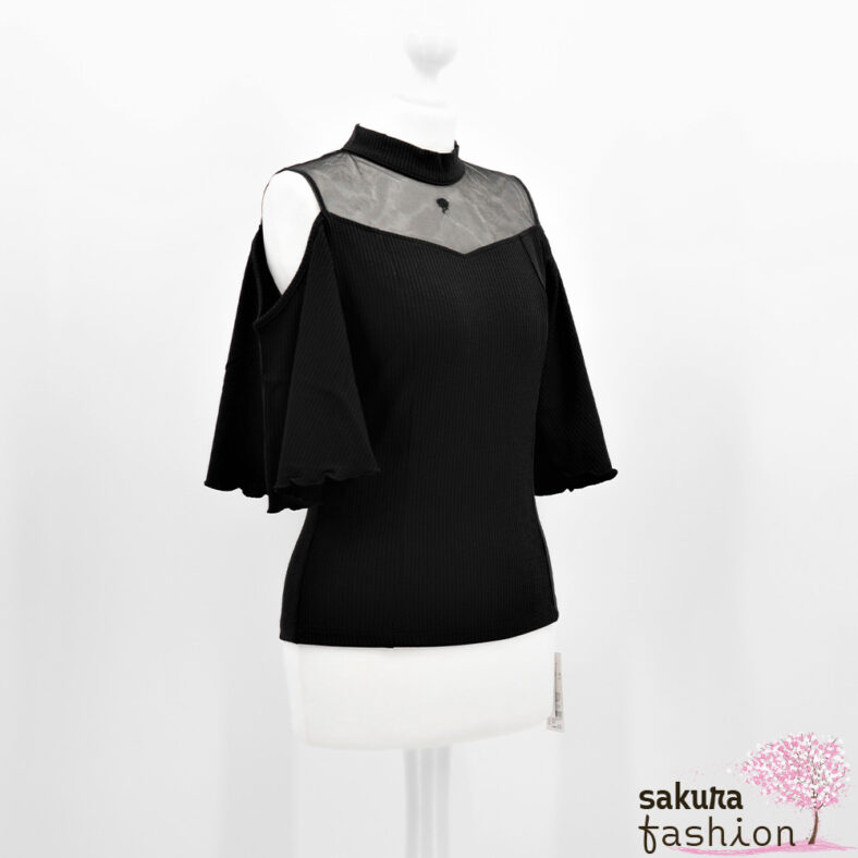 EATME geripptes Shirt Schulterfrei Tüll Dekolleté Bestickt Rose Schwarz Japan Kawaii Feminin Sexy tulle combi rib top