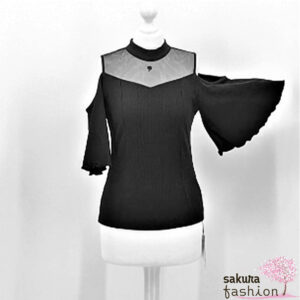 EATME geripptes Shirt Schulterfrei Tüll Dekolleté Bestickt Rose Schwarz Japan Kawaii Feminin Sexy tulle combi rib top