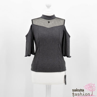 EATME geripptes Shirt Schulterfrei Tüll Dekolleté Bestickt Rose Grau Japan Kawaii Feminin Sexy tulle combi rib top
