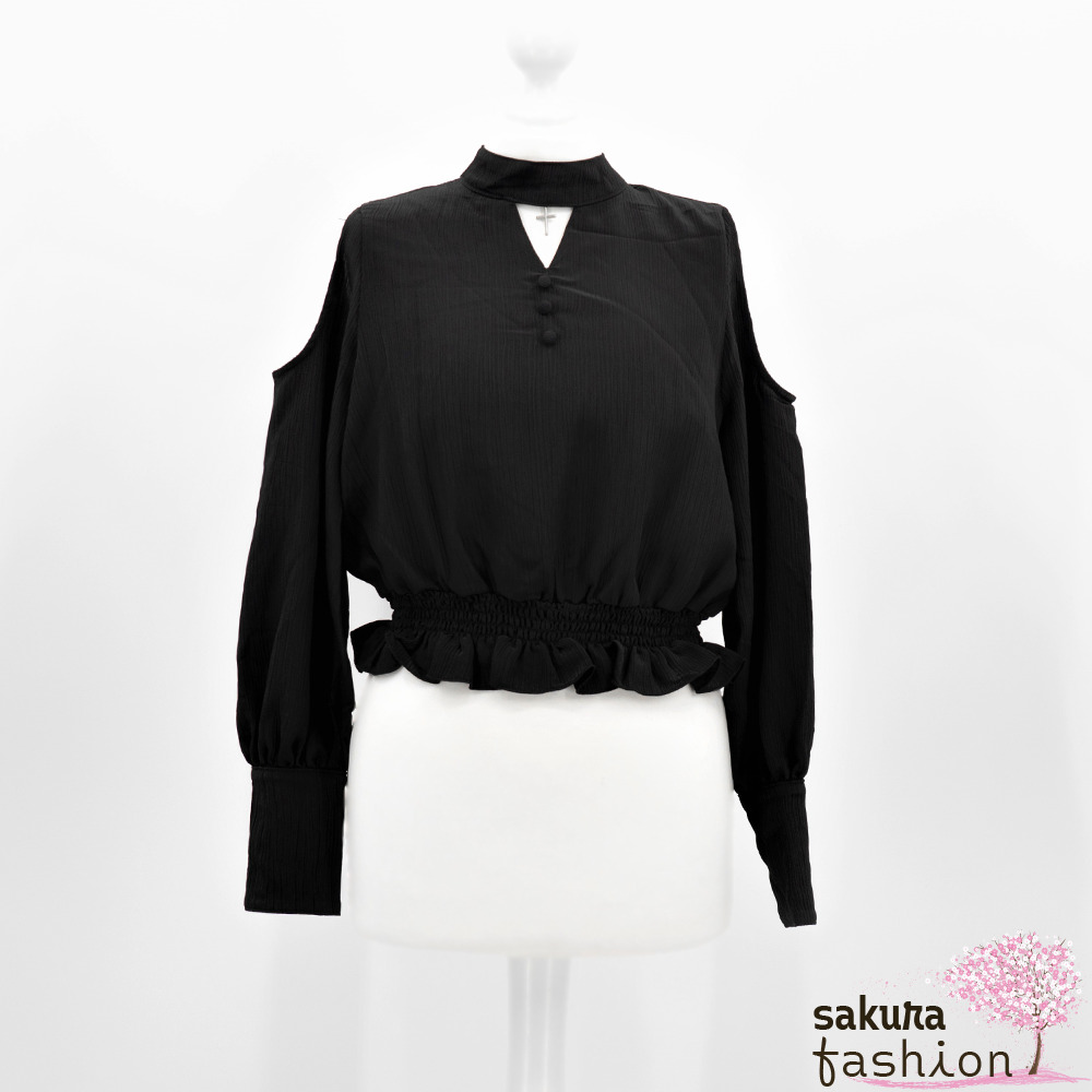 EATME Schulterfreie Bluse Schwarz Kreuzanhänger Silber Langarm Japan Kawaii Feminin Sexy open shoulder decollete blouse