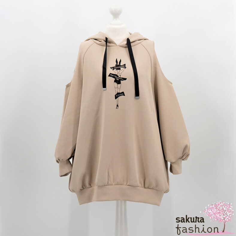 EATME Hoodie Oversized Pullover Schulterfrei Kapuze Beige Motivdruck Schwarz Frau Bunny Japan Kawaii Sexy open shoulder big loose hoodie