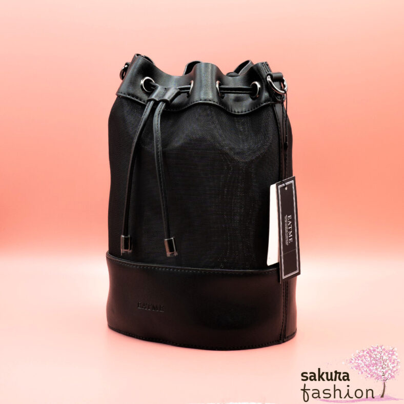 EATME Mesh-Kombi-Beuteltasche Schwarz Transparente Meshtasche Stoffbeutel Schultergurt Logo Japan Kawaii Feminin Sexy Mesh Combi bucket bag